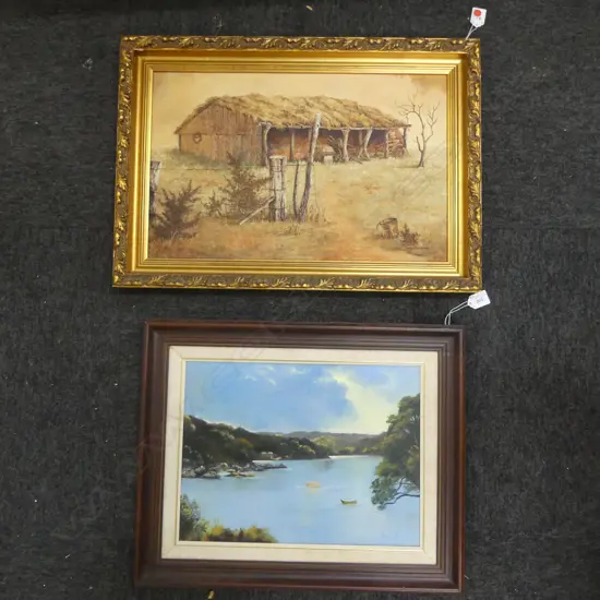 2 OIL ON BOARD ARTWORKS; KAYE HARKNESS RUSTIC BARN, 325x510mm, BERYL BORTZ HARBOUR LANDSCAPE 290x390mm