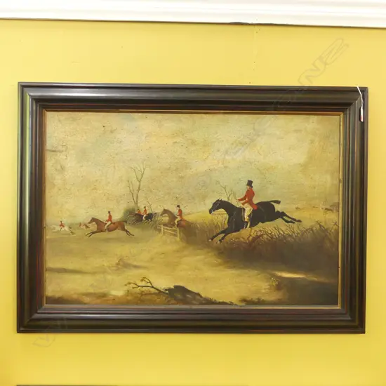 ARTIST UKNOWN, FOX HUNT, ANTIQUE STYLE REPRO. OIL ON CANVAS 485x740mm