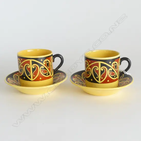 PR ROYAL DOULTON MAORI ART DEMI TASSE CUPS & SAUCERS yellow colourway