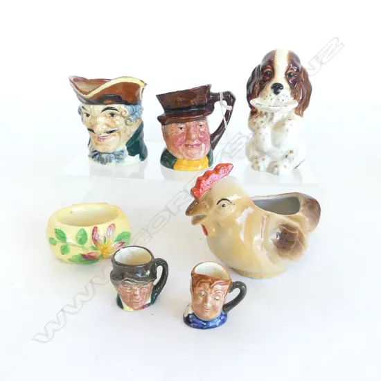 COLLECTION ENG CHARACTER PCS; 4 SML TOBY JUGS, BESWICK PUPPY & 2 OTHERS