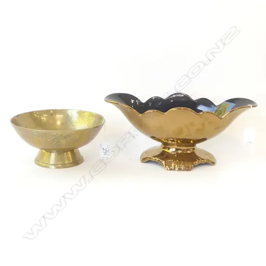 2 PCS; BESWICK GOLD LUSTRE/BLK VASE & CHINESE BRASS FOOTED BOWL