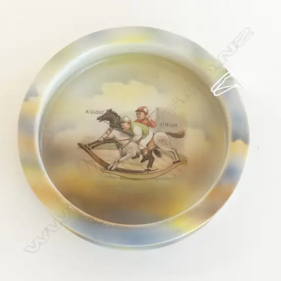 ANTIQUE CHILD’S BOWL “A CLOSE FINISH” DEPICTING JOCKEYS ON ROCKING HORSES D.175MM