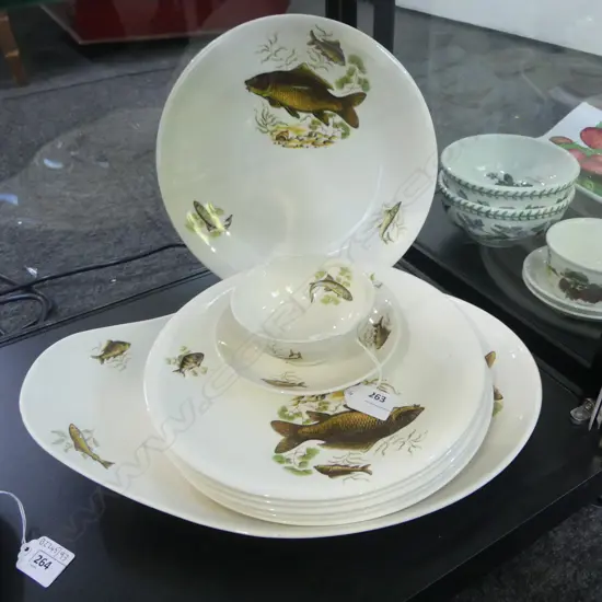 9 PCES CLARICE CLIFF ROYAL STAFFORDSHIRE FISH SET; PLATTER 260x380mm, 6 PLATES 250mm dia, BOWL & SAUCER