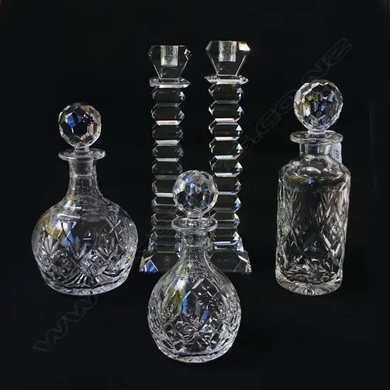 3 CRYSTAL DECANTERS H.265mm + PR CANDLESTICKS H.305mm