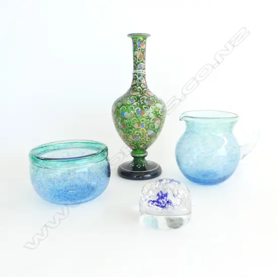 HOGLAND GLASS CREAM SUGAR  EDWARDIAN GLASS VASE H200MM & SMALL PAPER WIEGHT