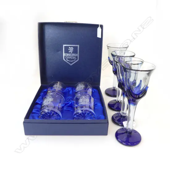 BOXED SET OF 4 EDINBURGH CRYSTAL WHISKY GLASSES & 4 SIGNED STUDIO GLASS WINE GOBLETS  H190MM