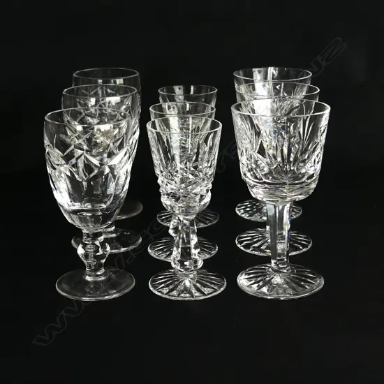 NINE WATERFORD CUT CRYSTAL PORT OR LIQUEUR GLASSES, 3 OF EACH PATTERN H.10CM-11CM
