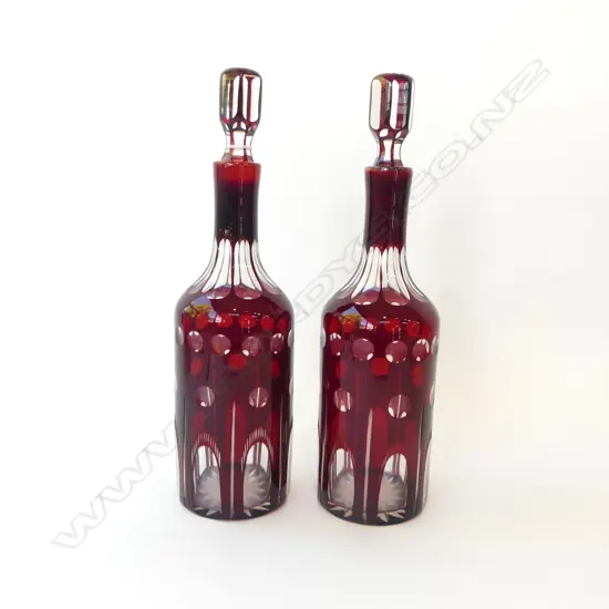 PR VINTAGE  CUT CRANBERRY GLASS DECANTERS H350MM