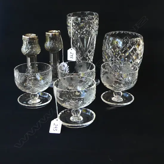 ASST. CRYSTAL; 4 ICE CREAM SUNDAES, 2 VASES, 2 CANDLE HOLDERS