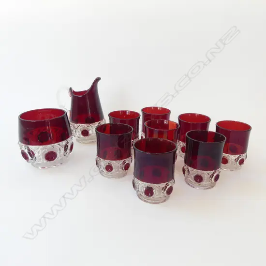 CUT CRANBERRY GLASS JUG + 6 TUMBLERS + ICE BUCKET
