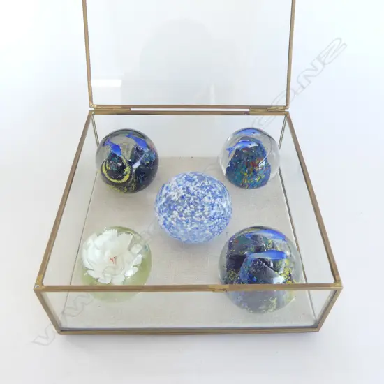 COLLECTION 5 ART GLASS PAPER WEIGHTS: 3 with dolphins + flower + mottled blue. In glass case