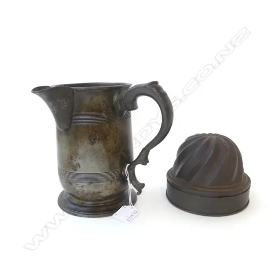 ANTIQUE PEWTER QUART JUG H.175mm + TIN JELLY MOULD 120mm dia