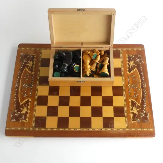 FINELY INLAID CHESS BOARD w BOXED CHESS PIECES