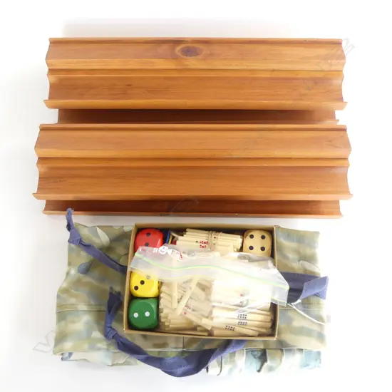 4 MAH JONG BOARDS & SMALL BOX MAH JONG CHIPS  DICE ETC