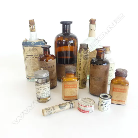 COLLECTION OF 13 OLD PHARMACEUTICAL ITEMS BOTTLES ETC INCL. TWISTED SILK, JAMES COCKLE SURGEON PILLS, MRS WILSON’S SOOTH