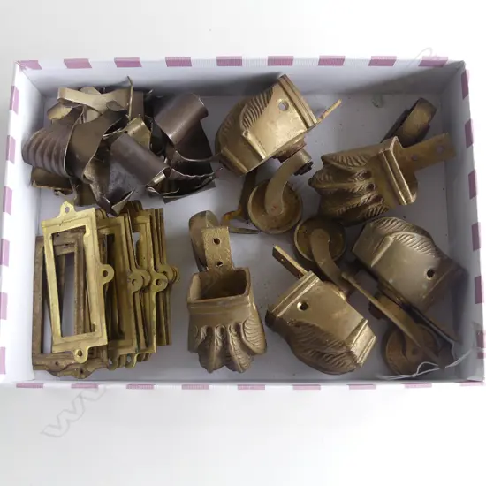COLLECTION OF BRASS ITEMS, 4 CLAW FEET w WHEELS, PICTURE FRIEZE HOOKS & FILE CABINET SURROUNDS