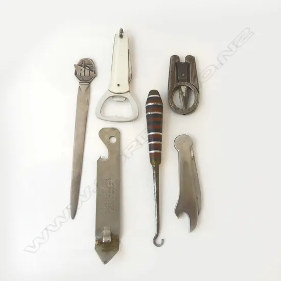 6 ITEMS: 4 ADVERTISING OPENERS  + BOOT HOOK + FOLDING SCISSORS