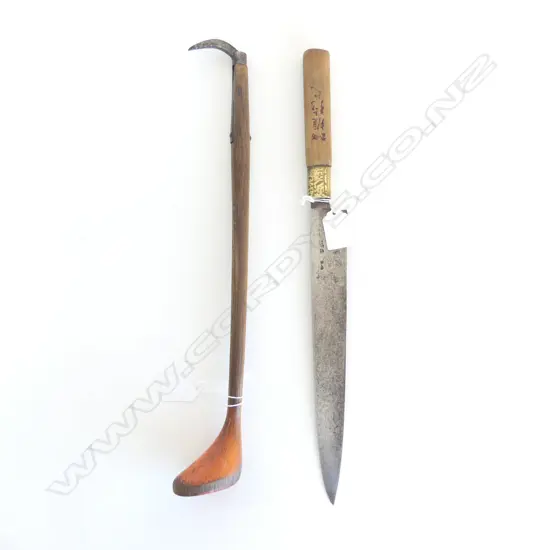 1920'S STEEL JAPANESE CHEF'S KNIFE (signed on blade & handle) & EARLY 1900'S JAPANESE SHOREMAN'S CARGO HOOK 