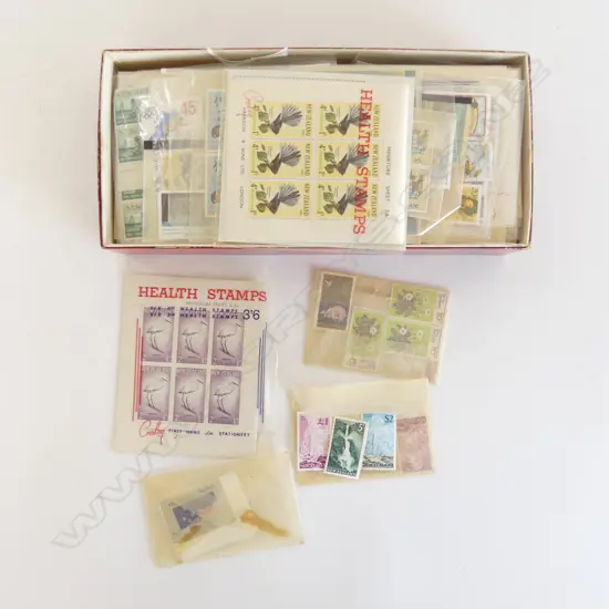 BOX VINTAGE NZ STAMPS + MINI SHEETS includes $2 multicolour + $2 pink Geysers etc etc