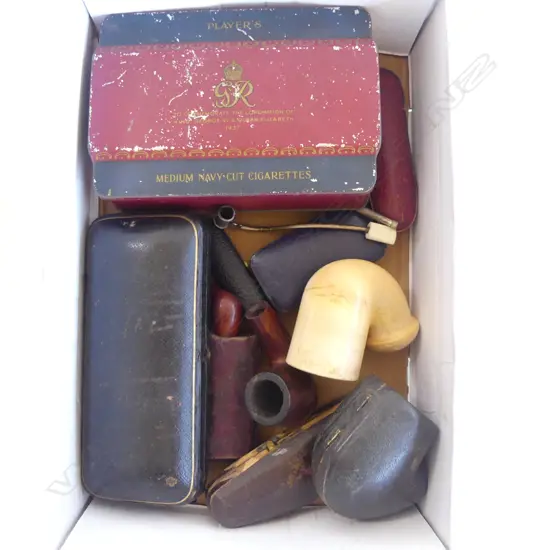 BOX OF COLLECTABLE SMOKING PIPE ITEMS & PLAYERS NAVY CUT TOBACCO 1937 KING GEORGE & QE CORONATION TIN  
