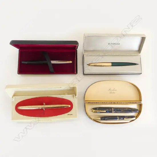 5 BOXED PENS: SHEAFFER'S + PARKER 75 + 2x BURNHAM in 1 box + PARKER 45 Custom