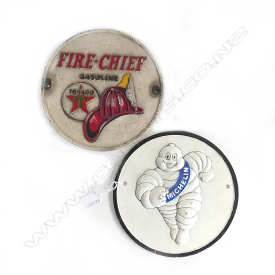 2 METAL PLAQUES; MICHELIN MAN & FIRE-CHIEF 245mm dia
