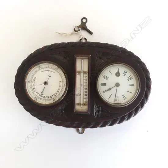 ANTIQUE CLOCK, BAROMETER, AND THERMOMETER WITH KEY IN MAHOGANY CARVED MOUNT (1 GLASS A/F) L.30CM