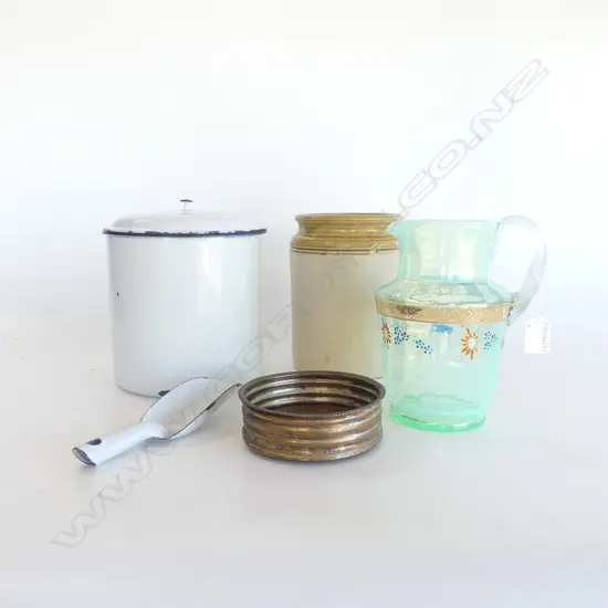 4 PCES; VICTORIAN GLASS JUG, OSP WINE COASTER 135mm dia, WHITE ENAMEL JAR & SCOOP, CROCK H.200mm