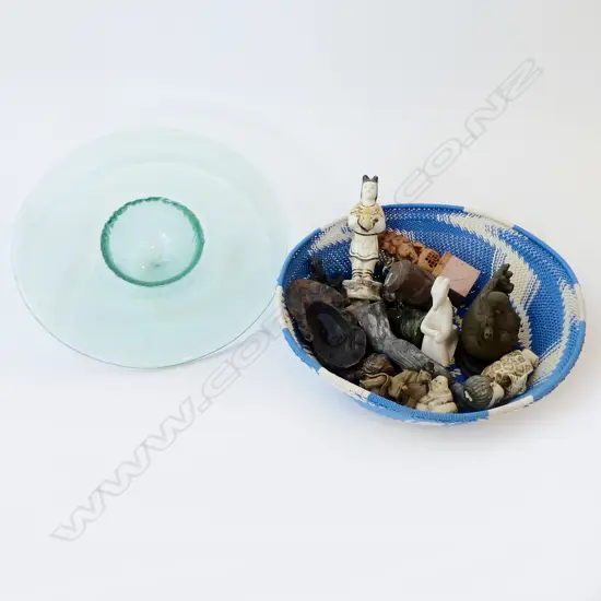 ASST ORIENTAL FIGURES ETC IN BASKET + GLASS DISH