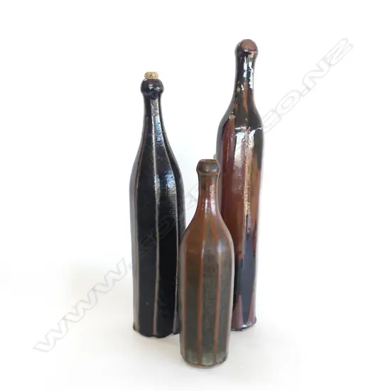 TRIO TENMOKU BOTTLES, TALLEST H.450mm (medium vase neck repaired)