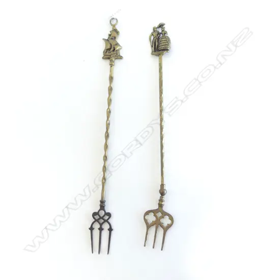 TWO VINTAGE BRASS TOASTING FORKS GALLEON & CRINOLINE LADY RD.NO. L.48CM & 51CM