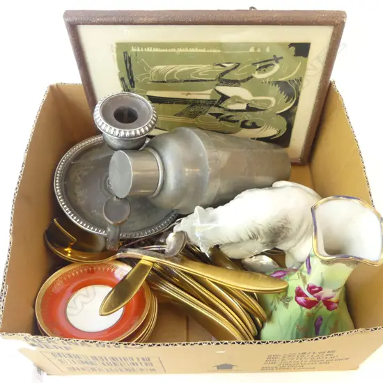 CHAMBER STICK, PRINT, CERAMIC POLAR BEAR, PEWTER MIXER, VASE ETC