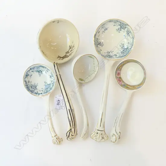 FIVE VICTORIAN CHINA LADLES BIRDS IN TREE ETC L.18CM-27CM