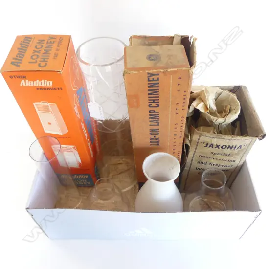 EIGHT VINTAGE GLASS CHIMNEYS FOR KEROSENE LAMPS MOSTLY UNUSED  L.33CM-12CM