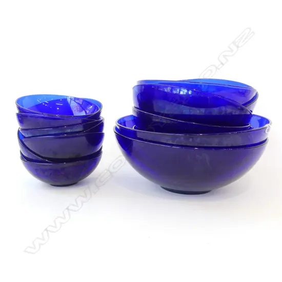 COLLECTION OF BRISTOL  BLUE GLASS BOWLS 2 DIA 260  5 DIA 210MM  8 DIA140MM