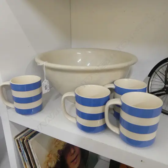 LG CERAMIC MIXING BOWL MADE IN NZ 315mm dia + 4 MODERN CORNISHWARE MUGS H.95mm