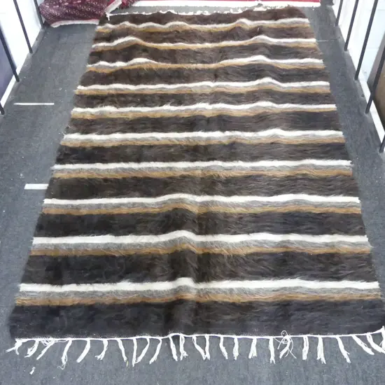 LG VINTAGE TURKISH STRIPED RUG; BROWN MOHAIR ON COTTON