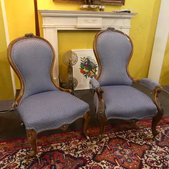 PR VICTORIAN GRANDFATHER & GRANDMOTHER CHAIRS - BLUE UPHOLSTERY...