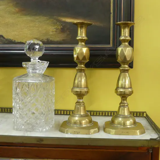 PR BRASS CANDLESTICKS H.290mm + CRYSTAL DECANTER H.250mm