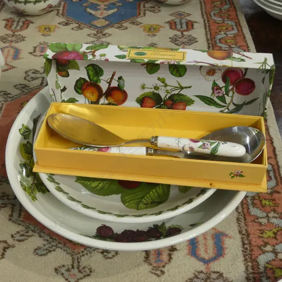 2 LG PORTMEIRION POMONA BOWLS 265, 330mm dia + BOXED PR SALAD SPOONS