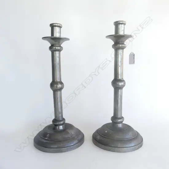 Pr PEWTER CANDLE STICKS slight damage to 1 rim 340mm