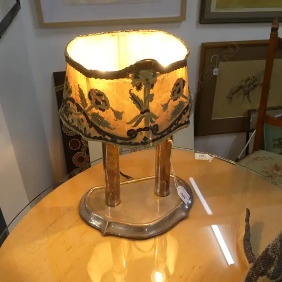 SILVER PLATE DOUBLE LAMP w. ORIG. SILK SHADE H.310mm