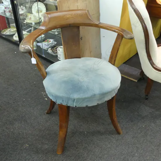ANTIQUE CAPTAINS ARM CHAIR, BLUE VELVET SEAT