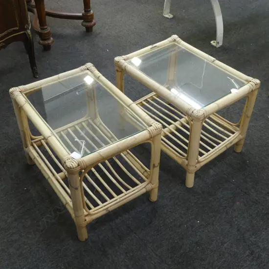 PAIR OF CANE GLASS TOP SIDE TABLES L.530mm W.380mm H.410mm