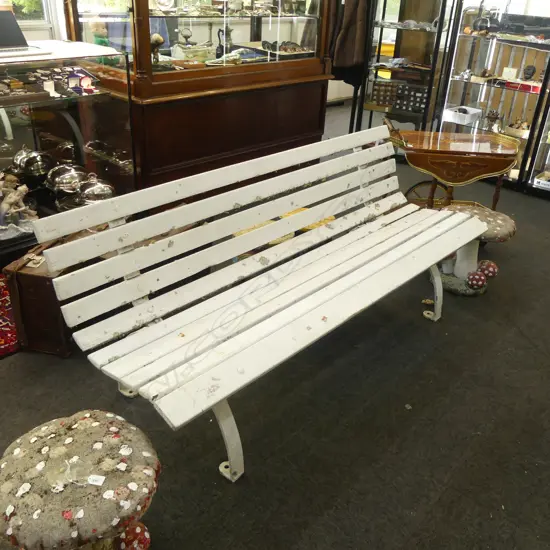 LONG OLD WHITE PAINTED SLATTED PARK BENCH IRON FRAME L.