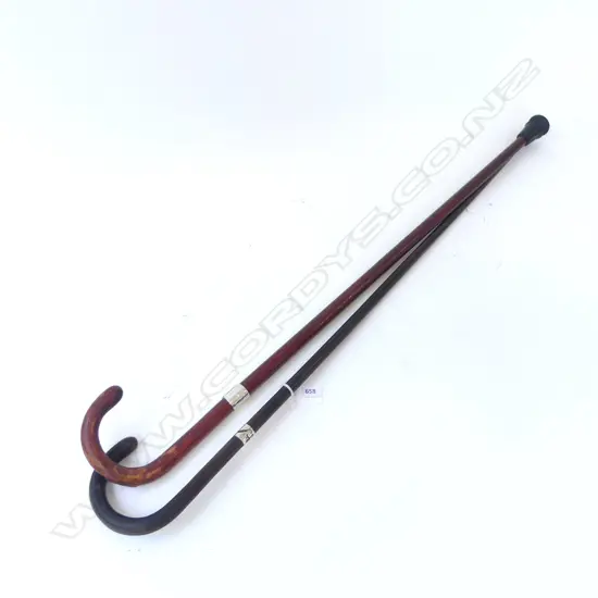 TWO WALKING STICKS WITH STERLING SILVER MOUNTS, ONE WITH HORN TIP AT BASE L.88CM