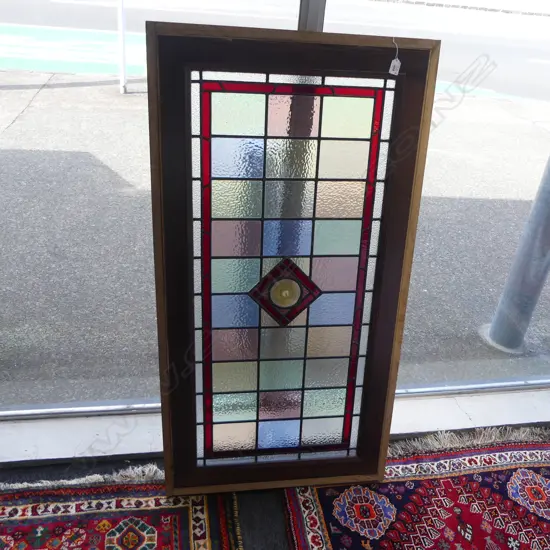 OAK FRAMED EARLY 20THC COLOURED STAINED GLASS WINDOW OAK FRAME