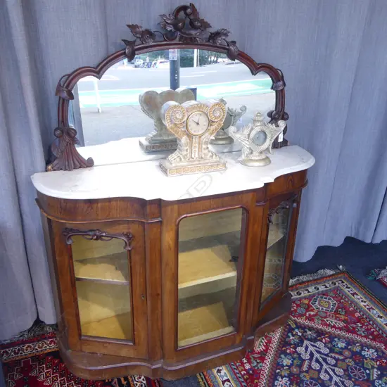 VICTORIAN MAHOGANY MIRROR BACKED CREDENZA WITH MARBLE TOP W 1200 H 1460