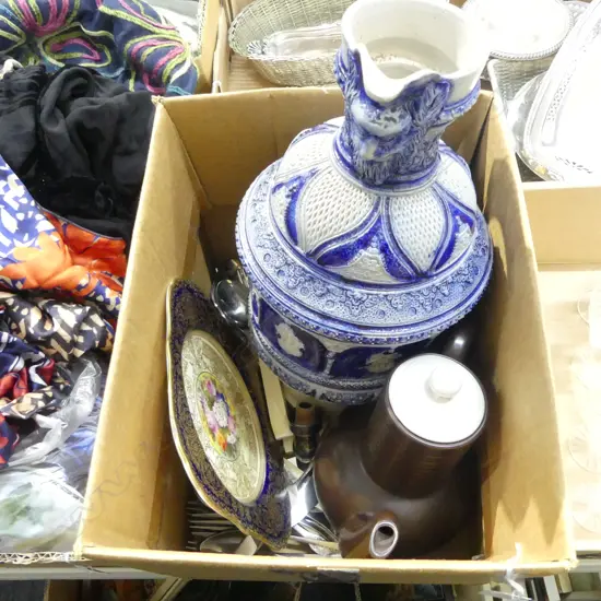 LG GERMAN STONEWARE JUG H.385mm, R. WORCESTER PLATE 210x210mm, CUTLERY ETC