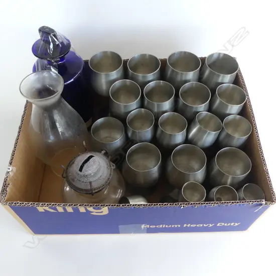 20 SENAGAL PEWTER GOBLETS BLUE GLASS BOTTLE & GLASS KERO LAMP